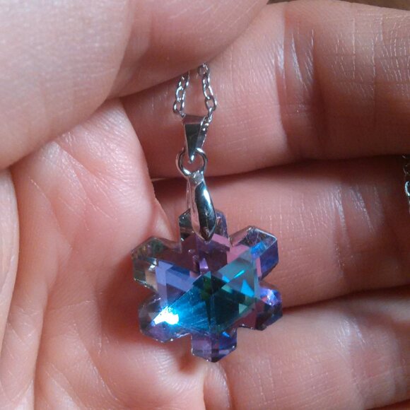 Mystic Color Crystal Snowflake Brass Pendant Stainless Steel Necklace - Picture 16 of 16